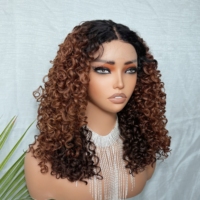 Perruque synthétique Lace Front 180% Ombré Blond Brun avec Raie au Milieu, Boucles Afro Kinky, Dentelle HD, Sans Colle