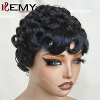 Pelucas de Cabello Humano Corto Estilo Pixie Vietnamita de Kemy Hair Wholesale, Pre-Desenredadas, Rizadas Naturales con Flequillo, Sin Pegamento, para Mujeres Negras