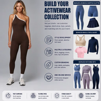 Tendance 2026 Combinaison moulante côtelée sans couture asymétrique à une épaule pour femme, couleur café, avec bordure contrastante, pour l'entraînement et le sport