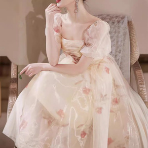 Square Neck Floral Print Evening Dress A-Line Empire Waist 3D Patterns Princess Tutu Skirt For Birthday Arts Exam Graduation - Product Image 3
