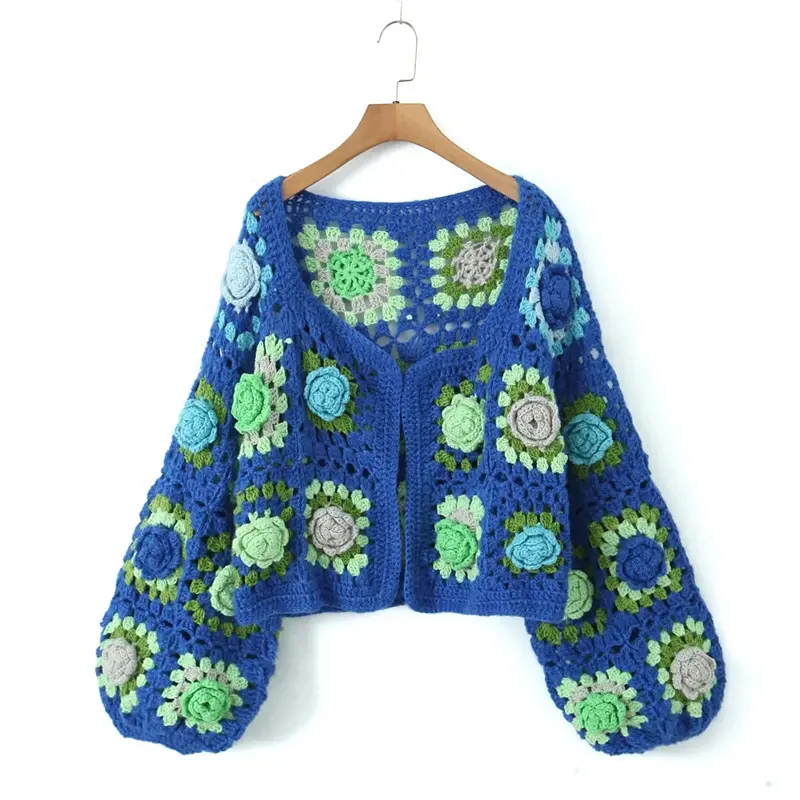 Blusa de malha de crochê personalizada, cardigã cortado, tricotado feito à mão para mulheres, blusa de malha de crochê