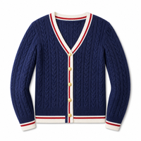 Kardigan Rajut Kabel Biru Dongker Preppy Logo Kustom OEM, Sweater V-Neck Bergaris Rib Knit Kancing Crest Kasual untuk Wanita