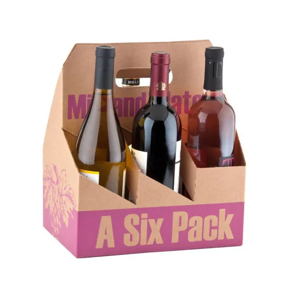 Karton Cetak Logo Kustom 6 Botol Pembawa Bir Daur Ulang Enam Pak Kotak Kemasan Kaca Anggur dengan Pegangan