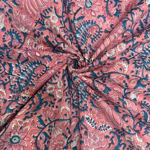 Tela de Algodón Estampada con Paisley Floral Rosa Coral y Motivos Botánicos Azules, Textil Tradicional Indio con Estampado a Mano - Product Image 1