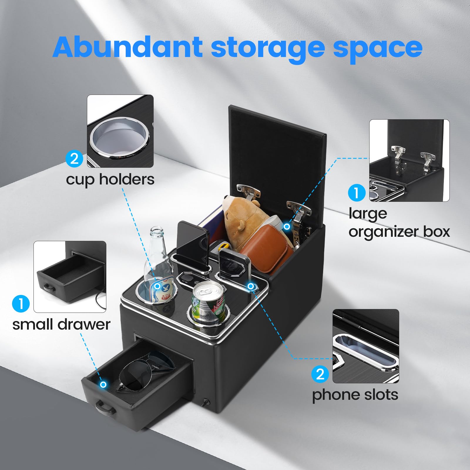 Universal Rear Armrest Console Box with USB Charger Cup Holder for Car, Minivan, Van, Truck | Chengh