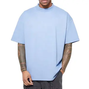 300 GSM Áo Thun Nam 100% Cotton Mock Sườn Cổ Quá Khống Drop Shoulder T-Shirt Trống Thời Trang Đường Phố Nặng Nề Đồng Bằng T Áo Sơ Mi Cho Nam Giới