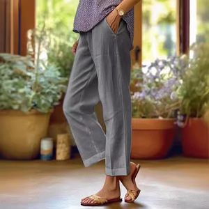 <span class=keywords><strong>Pantalon</strong></span> droit décontracté <span class=keywords><strong>en</strong></span> <span class=keywords><strong>lin</strong></span> et coton pour femmes poche à taille élastique couleur unie ample - Product Image 2