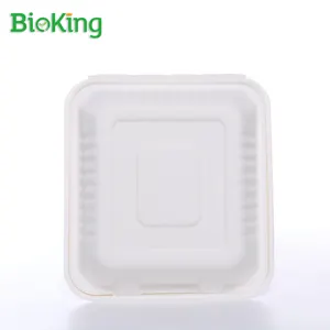 BioKing High Quality Disposable Biodegradable Lunch Food Container Takeaway Custom 8x8 Clamshell Bagasse Box