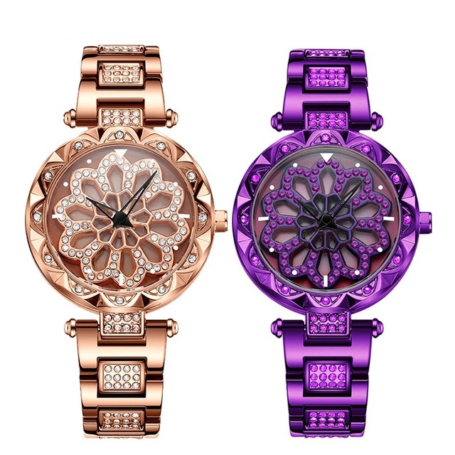 Customizable Women's Stainless Steel Quartz Watch with Rotating Dial and Rhinestone Pointer Display 16mm Alloy Band Width