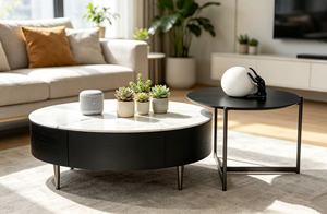 Table basse ronde moderne avec plateau en marbre, structure en métal, rangement, meubles de salon - Product Image 2