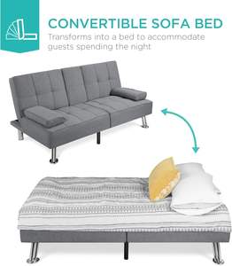 Canapé-lit futon moderne en lin pliable et inclinable pour appartement ou dortoir avec accoudoirs amovibles, <span class=keywords><strong>2</strong></span> porte-gobelets, 3 places, gris - Product Image 6