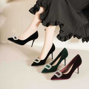 6681N-198 Zapatos de Tacón de Terciopelo con Punta Puntiaguda, Tacón de Aguja, Hebilla con Pedrería, Zapatos de Novia, Tacón Alto, Tendencia de Moda, Color Sólido - Product Image 4