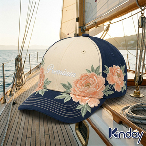 Luxury Floral Embroidery Custom Peony Pattern Navy Beige Two Tone Structured Cotton Women <strong>Ladies</strong> Premium Baseball Cap - Product Image 1
