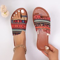 Sandales plates à boucle d'orteil pour femmes, imprimé totem ethnique, style bohème, pour l'été et la plage - Tendance mode, souples