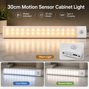30CM Rechargeable Motion Sensor Cabinet <b>Light</b>, 30 LED 3 Color Dimmable Type-C Under Cabinet <b>Light</b> for Kitchen Wardrobe Closet - Product Image 1