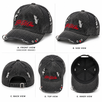 Casquette de baseball en sergé déchirée et vieillie, personnalisée en usine, avec broderie 3D 'Be Mine', œillet métallique, anneau en O et ornement en strass, réglable