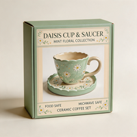 Ensemble tasse et soucoupe en céramique peinte à la main, motif marguerite pastorale, 300 ml, bord festonné à la française, coffret cadeau pour le thé de l'après-midi