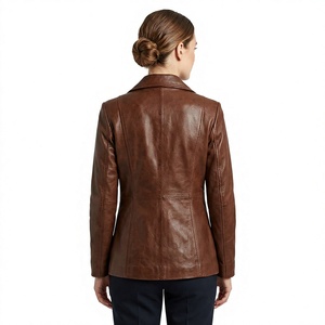 Brown Genuine <b>Leather</b> Women's <b>Blazer</b> Turn-down Collar Zipper Closure Full Sleeve Solid Woven Winter Summer Autumn Wear - Product Image 3
