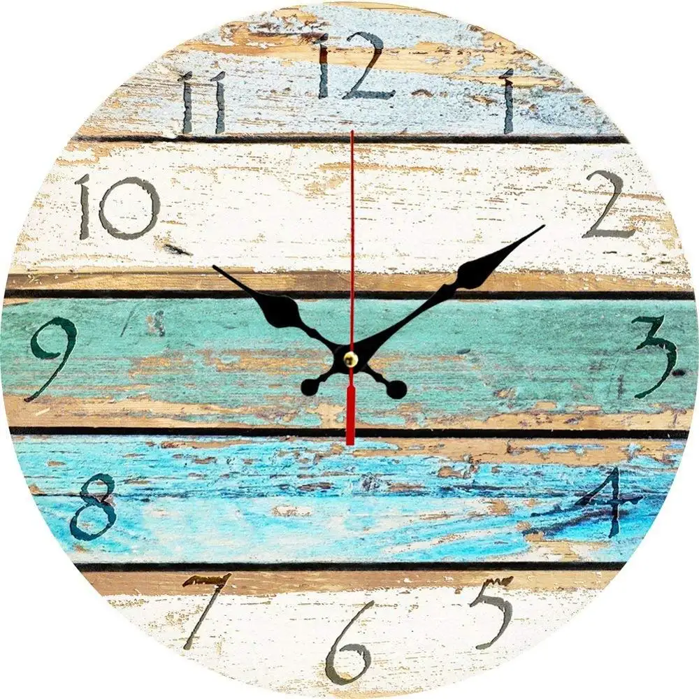 resin clocks Ocean Colors Old Paint Boards Printed Image, Rustic Mediterranean Style Wooden Decorative Round Wall Clock (Sky)