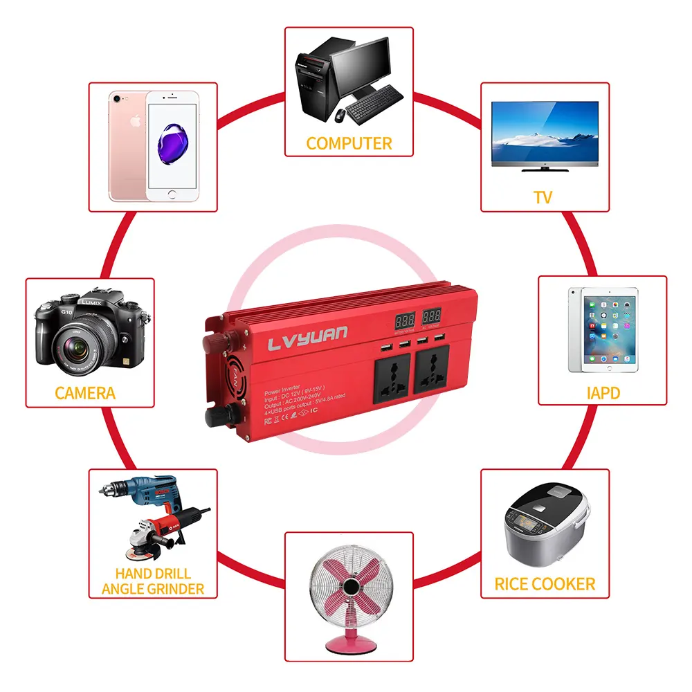 Lvyuan 4USB güç inverteri sinüs dalga DC 12V/24V AC 220V/230V LED ekran güç inverteri sinüs dalga invertör 2kva