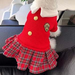 Jupe à carreaux pour chien, mignonne, doublée de polaire rouge, col universitaire, vêtements d'automne et d'hiver pour petits et moyens chiens, Teddy Bichon - Product Image 2