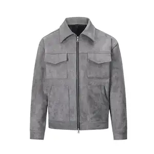 Fit Suede untuk pria jaket sepeda motor dicetak jaket rajut reguler High Street multi-saku ritsleting pria cangkang katun kulit ramping