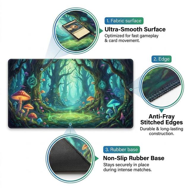 Wholesale Mystic Forest TCG Playmat Custom Illustration Card Game Mat with Stitched Edges for Tabletop Gaming