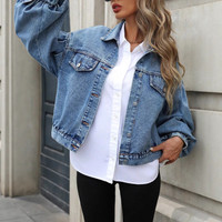 Veste en jean courte à manches bouffantes surdimensionnées pour femmes