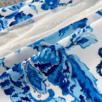 Robe chemise élégante bleue à imprimé floral pour femme, coupe trapèze, manches longues, avec dentelle et ceinture, idéale pour le quotidien et les vacances