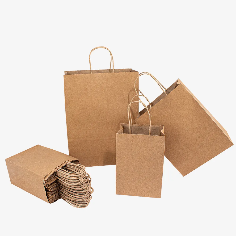 レストランの食品の配達と衣類の買い物のためのハンドル卸売付きカスタムブラウンホワイトクラフト紙袋
