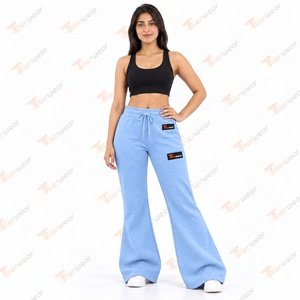 Pantalon évasé taille haute bleu clair pour femme, décontracté, en tricot, longueur intégrale, avec cordon de serrage, couleur unie, coupe ample, pour l'automne - Product Image 2