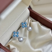 Boucles d'oreilles pendantes en argent sterling 925 avec perle d'eau douce naturelle de 10-11 mm, turquoise, trèfle à quatre feuilles, pour femmes