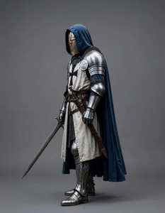 Costume d'armure complète 3D de Chevalier Templier en acier, avec cape bleue à capuche, pour guerrier croisé médiéval, reconstitution historique et casting - Product Image 2