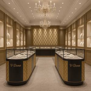 Design d'intérieur de bijouterie de luxe européenne, comptoir d'îlot à bijoux en verre courbé sur mesure, vitrine murale en bois massif - Product Image 2