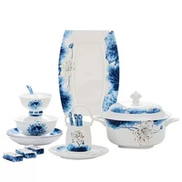 Service de table en porcelaine fine motif lotus YanJun – Assiettes, bols, cuillères – Compatible lave-vaisselle et micro-ondes – Idéal pour la maison