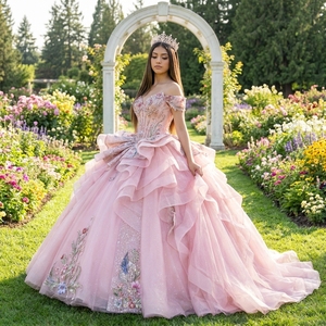Dy1538 <b>Blush</b> Pink Off Shoulder Ruffle Tulle Ball Gown Quinceanera Dress Floral Applique Sweet 15 Prom Jancember - Product Image 1
