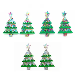 Anting-Anting Kancing Akrilik Pohon Natal, Anting-Anting Kancing Bulat Warna Kecil Bintang Berkilau Warna-warni Trendi