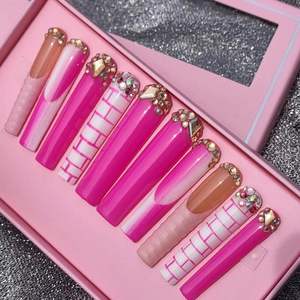 <span class=keywords><strong>Uñas</strong></span> Postizas Acrílicas Rosadas de Diseño Personalizado con Pedrería Hechas a Mano, Cinta Adhesiva de Gel Gratis y Herramientas para <span class=keywords><strong>Uñas</strong></span>, Paquete Personalizado - Product Image 5