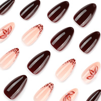 Aanpasbare wijnrode & nude gradient opzetnagels - medium amandelvorm met 3D bloemen & luipaardprint & parel accenten groothandel