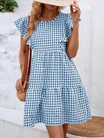 Robe mini à volants en gingham pour femme, sans manches, col rond, décontractée, à carreaux, pour l'été