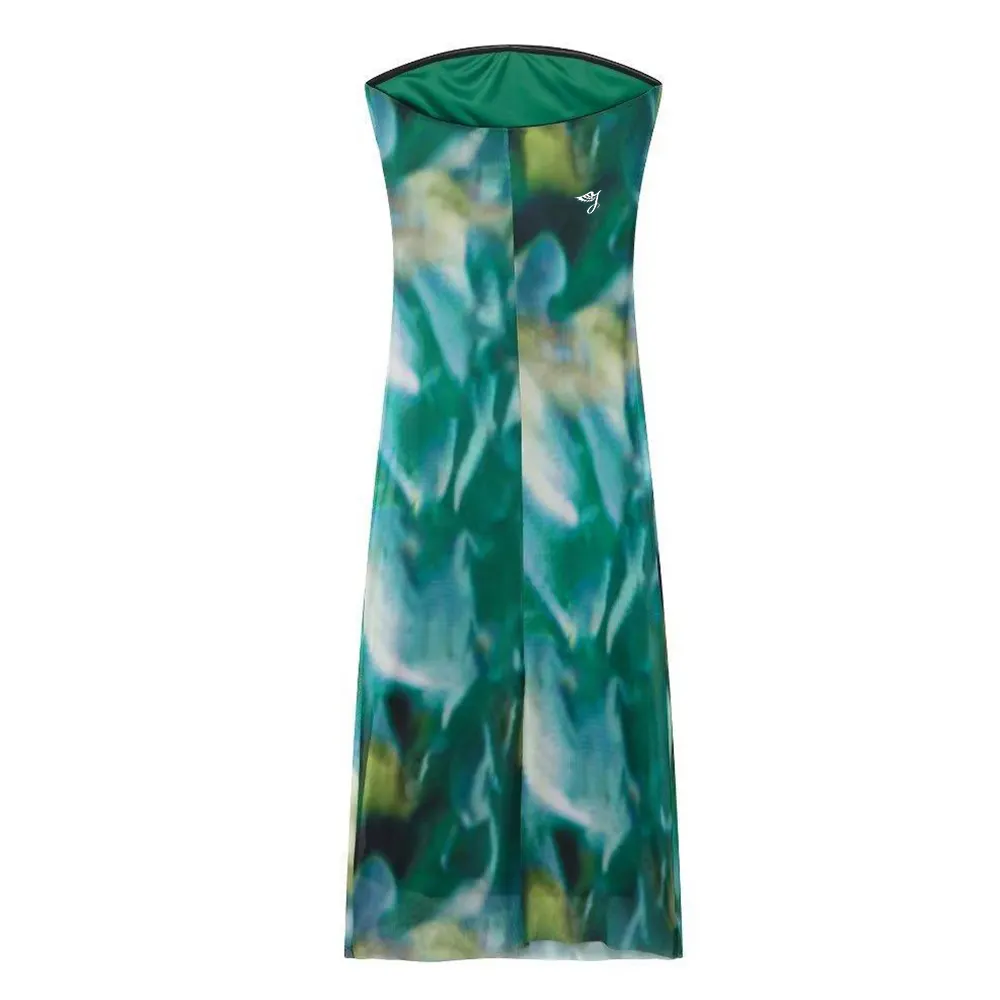 Gaun hijau seksi SMO gaun tanpa tali cocok ramping wanita gaun tabung kain tenun cetak baru gaun elastis tanpa tali