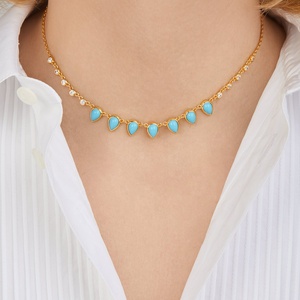 <strong>Turquoise</strong> Gemstone <strong>Necklace</strong> for Women Gold Plated Tear Drop Round Cz Link Chain Women Choker Collar - Product Image 1