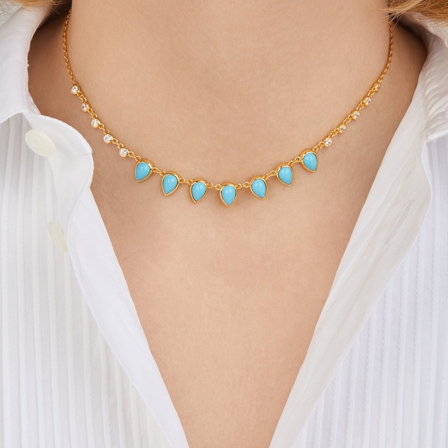 Turquoise Gemstone Necklace for Women Gold Plated Tear Drop Round Cz Link Chain Women Choker Collar