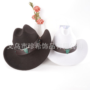 Sombrero de Vaquero Negro y Blanco de Poliéster con Copa Cónica, Protección Solar, Accesorio de Moda Retro Artístico, Venta al por Mayor - Product Image 1