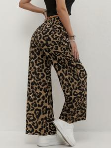 กางเกงขายาวทรงตรงพิมพ์ลายเสือดาวผ้าชีฟองสำหรับผู้หญิงสไตล์ Old Money ระบายอากาศได้ดี เป็นมิตรกับสิ่งแวดล้อม เอวสูง ทรงหลวม ยางยืด สีน้ำตาล พร้อมเชือกผูก - Product Image 3