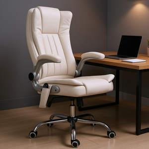 Chaise de bureau blanche à dossier haut avec massage par vibration, accoudoirs rabattables, roulettes pivotantes, base chromée, chaise de direction - Product Image 2