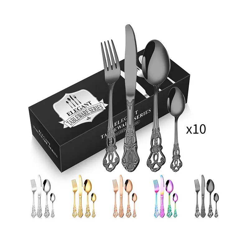 Penjualan terlaris 48 buah Set alat makan Stainless Steel emas Silverware pisau garpu Set sendok garpu pernikahan Set sendok garpu untuk 12