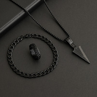 Ensemble de 3 pièces tendance pour homme : collier, bague et bracelet en alliage noir avec chaîne cubaine hip-hop à la mode