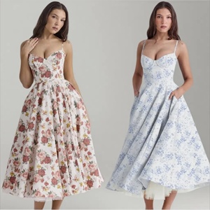 <span class=keywords><strong>Abito</strong></span> Elegante Estivo Lungo a Mezza Gamba con Corsetto in <span class=keywords><strong>Pizzo</strong></span>, Senza Maniche, Spalline Sottili, Motivo Floreale e Tasche per Donne e Signore - Product Image 1