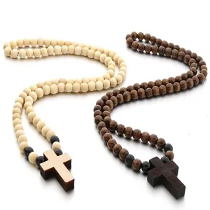 Hete Verkoop Christelijke Religieuze Gebed Chaplet String Handgemaakte Houten Kralen Rozenkrans Ketting Kruis Hanger Ketting Sieraden